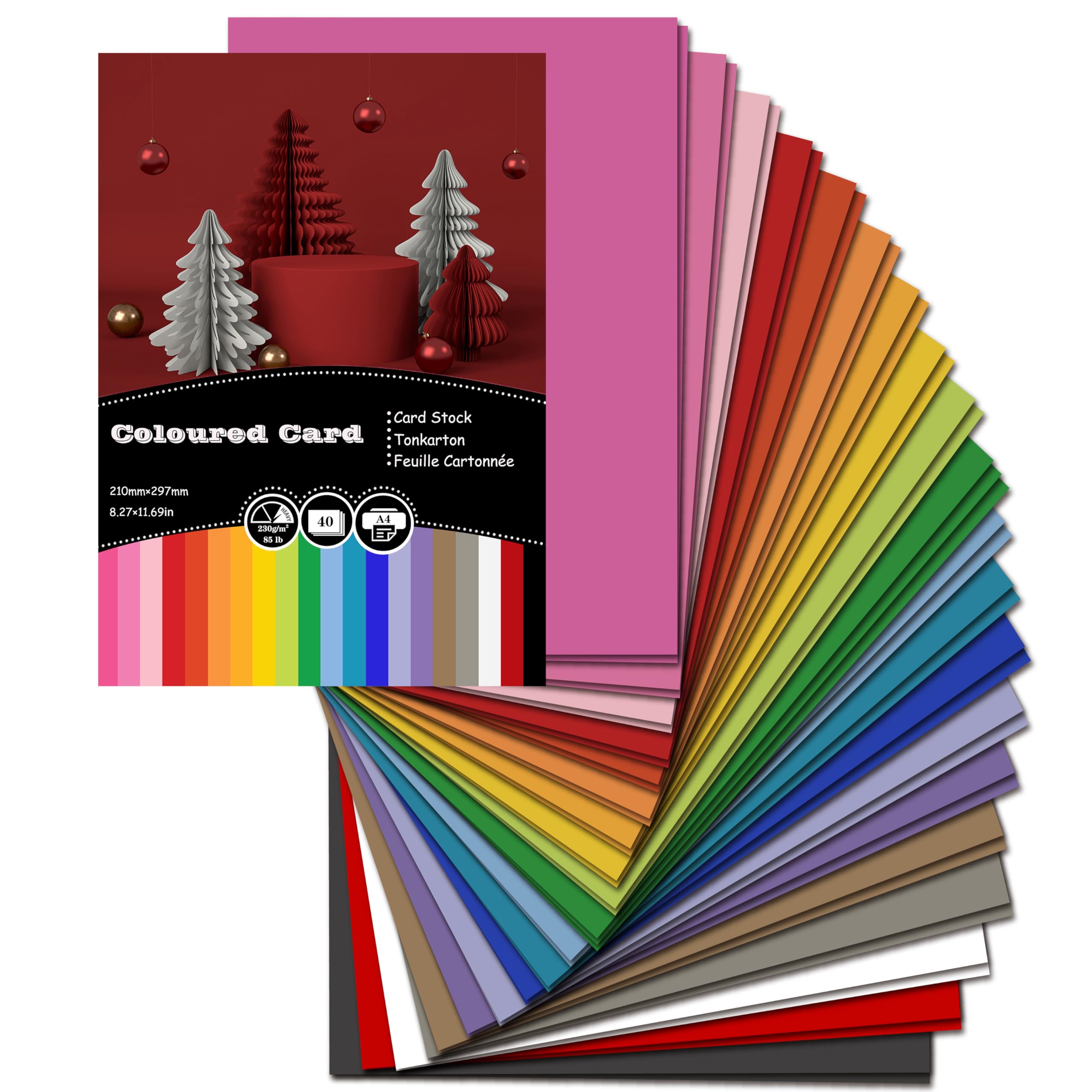 Set of 40 Sheets of A4 Colored Card, 20 Colours, 230gsm, Thick Card for Card Making, Scrapbooking, Office Printing and Arts or Crafts
