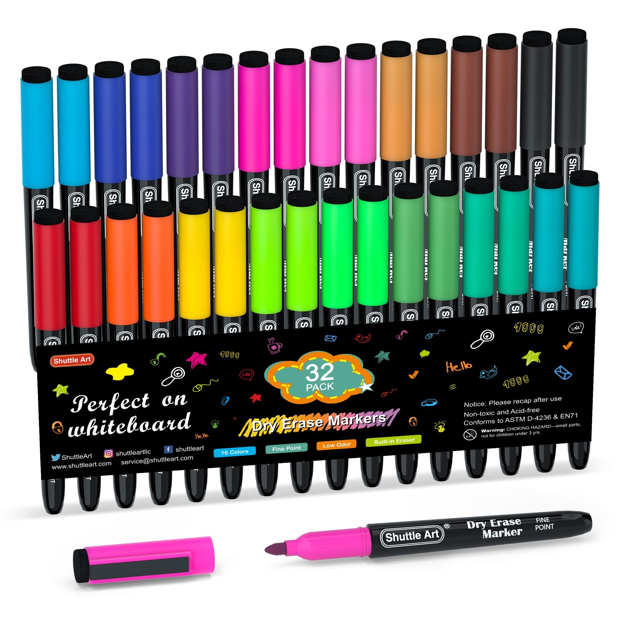 Shuttle Art 32 Pack Whiteboard Pens, 16 Colors Magnetic Whiteboard Dry Erase Markers with Eraser, Office, Home 16 Colors x 2