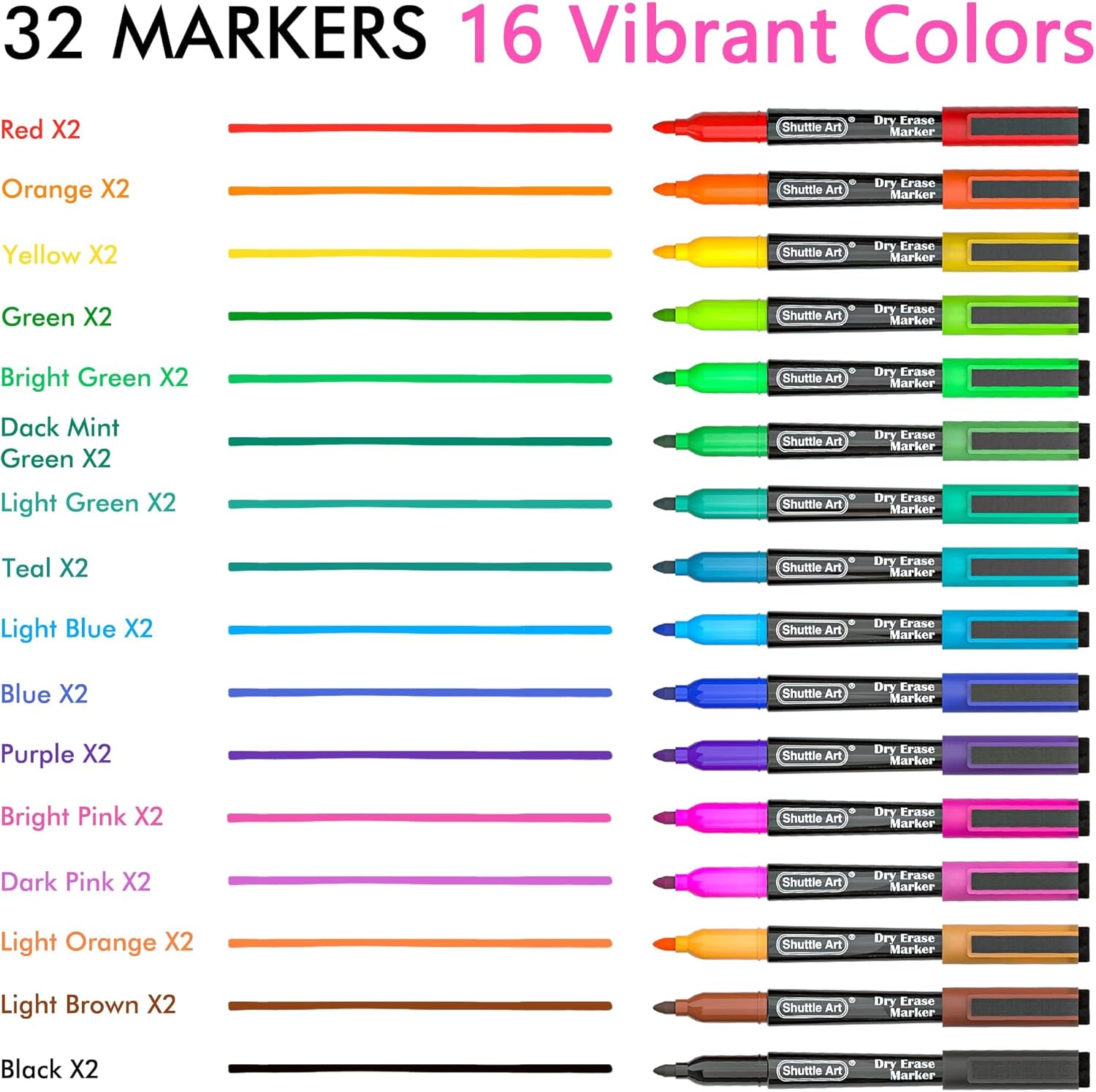 Shuttle Art 32 Pack Whiteboard Pens, 16 Colors Magnetic Whiteboard Dry Erase Markers with Eraser, Office, Home 16 Colors x 2