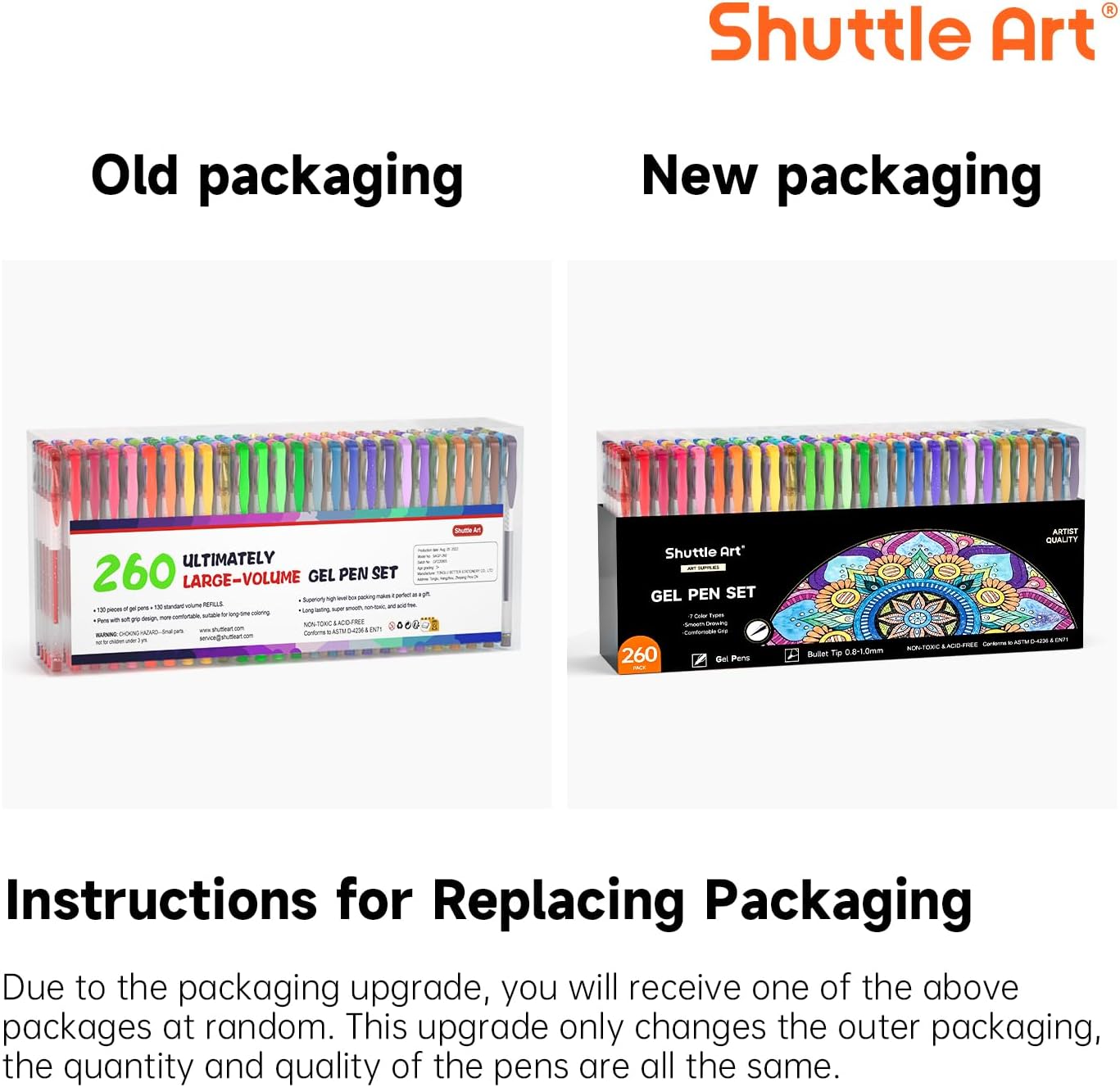 Shuttle Art Gel Pen Set, 260 Colors, 220% Ink, 130 Gel Pens, 130 Ink Refills, Glitter, Neon, Pastel, Metallic, Ideal for Coloring Books, Sketching, Drawing and Writing 130 Colors+130