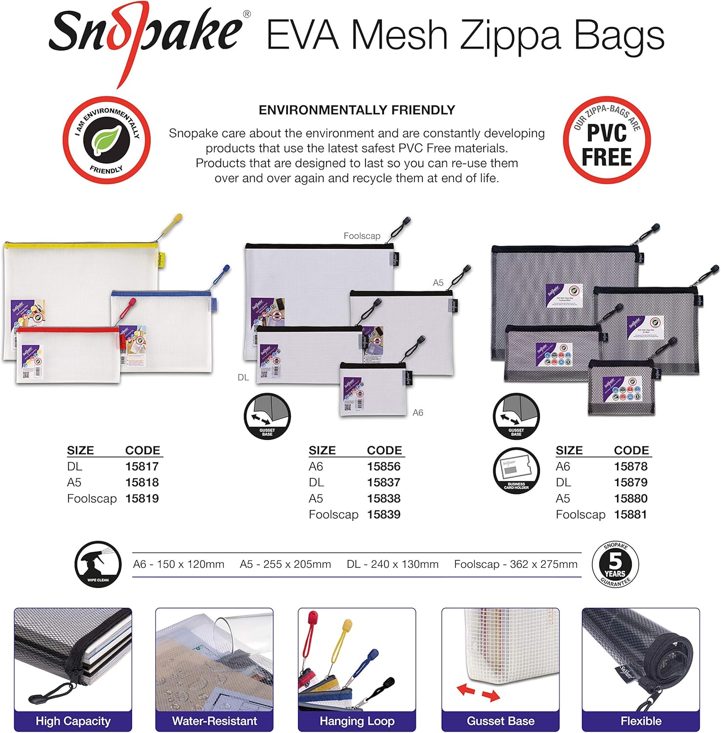 Snopake 15837 Zip Bag, High Capacity EVA Fabric, 240 x 130 mm, Transparent/Transparent Black DL