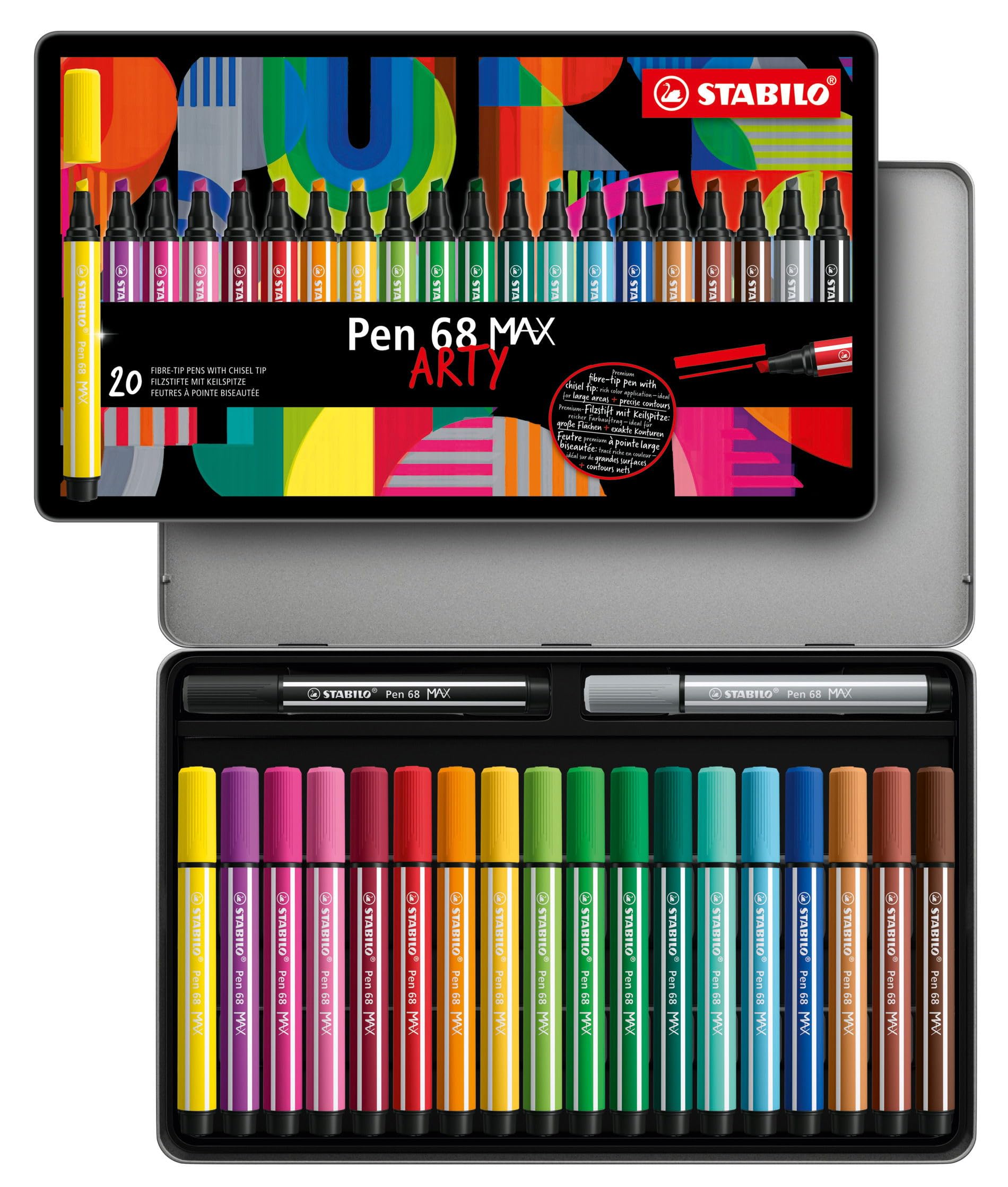 STABILO Pen 68 MAX - Premium double line marker (1 + 5 mm) - ARTY - Metal box of 20 - Assorted colors