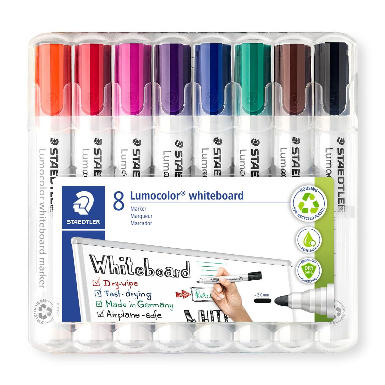 STAEDTLER Lumocolor Whiteboard Marker, Pack of 8, Round Tip, 351 WP8 Multicolor 8 Units (Pack of 1) Round Tip
