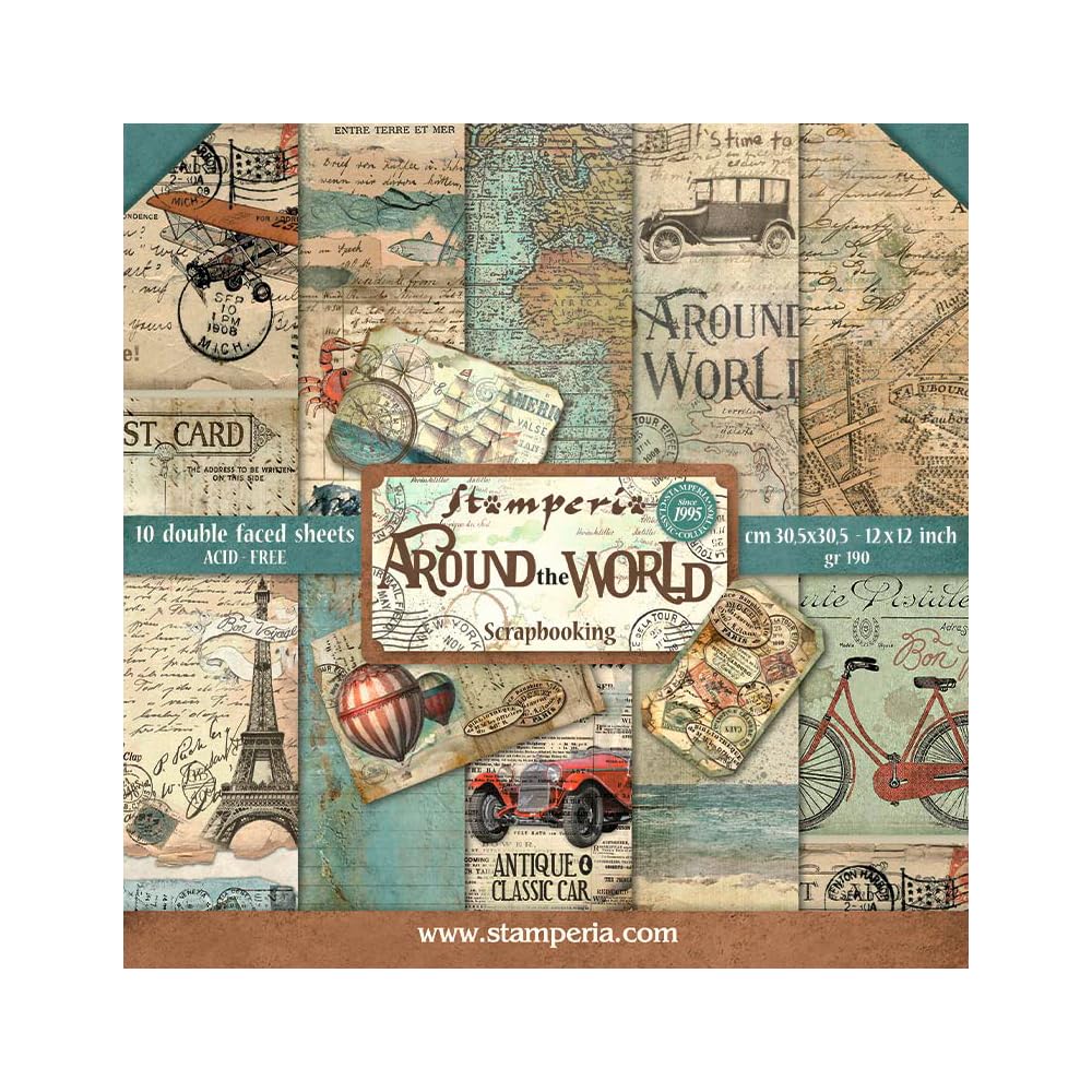 Stamperia Paper Pad 10 Sheets Double Sided Around the World, Multicoloured, 12" x 12" Around The World 12" x 12"