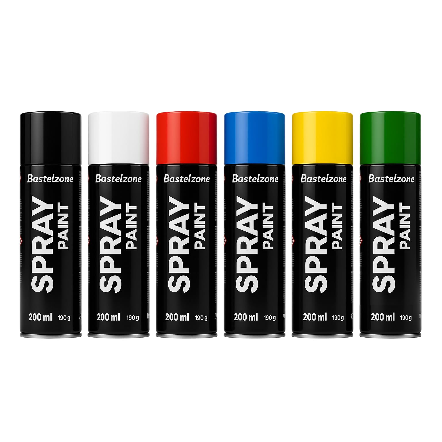 SÜDOR Set of 6 quick-drying 200ml spray cans for graffiti and decorations. Black, White, Blue, Green, Red, Yellow. (6 Colors)