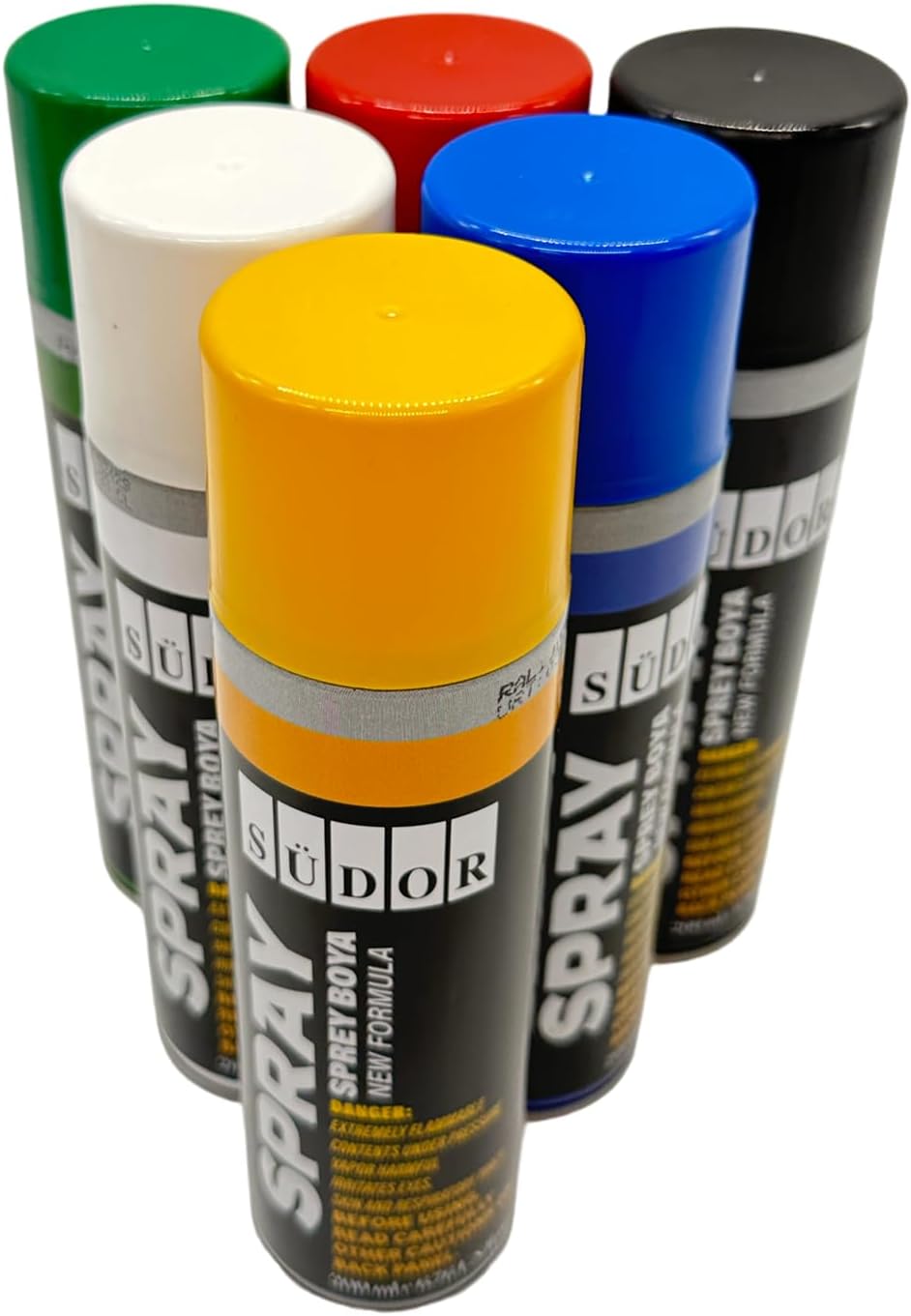 SÜDOR Set of 6 quick-drying 200ml spray cans for graffiti and decorations. Black, White, Blue, Green, Red, Yellow. (6 Colors)