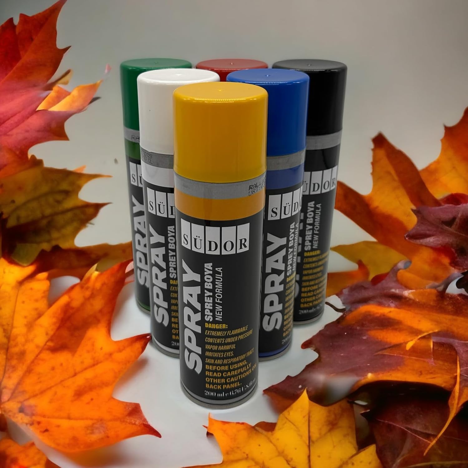 SÜDOR Set of 6 quick-drying 200ml spray cans for graffiti and decorations. Black, White, Blue, Green, Red, Yellow. (6 Colors)