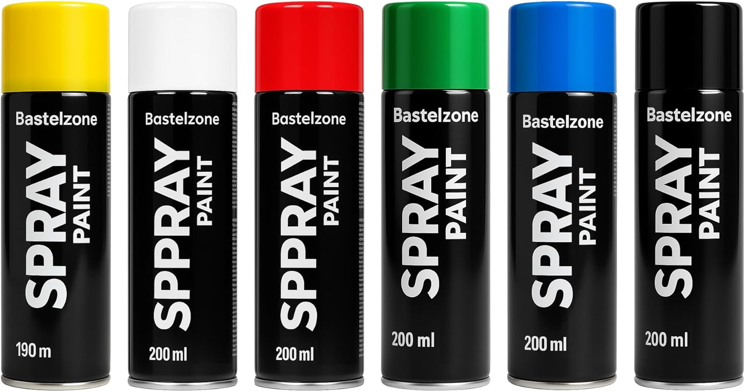 SÜDOR Set of 6 quick-drying 200ml spray cans for graffiti and decorations. Black, White, Blue, Green, Red, Yellow. (6 Colors)