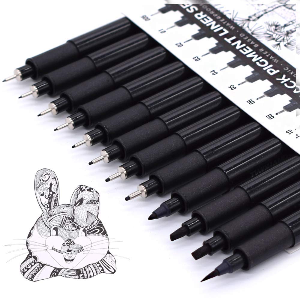 TWOHANDS 12 Pcs Drawing Pens, Fineliner, Black Tip Fine Pigment Liner, Markers, waterproof, pens for technical drawing illustrations sketches manga notes, 902188