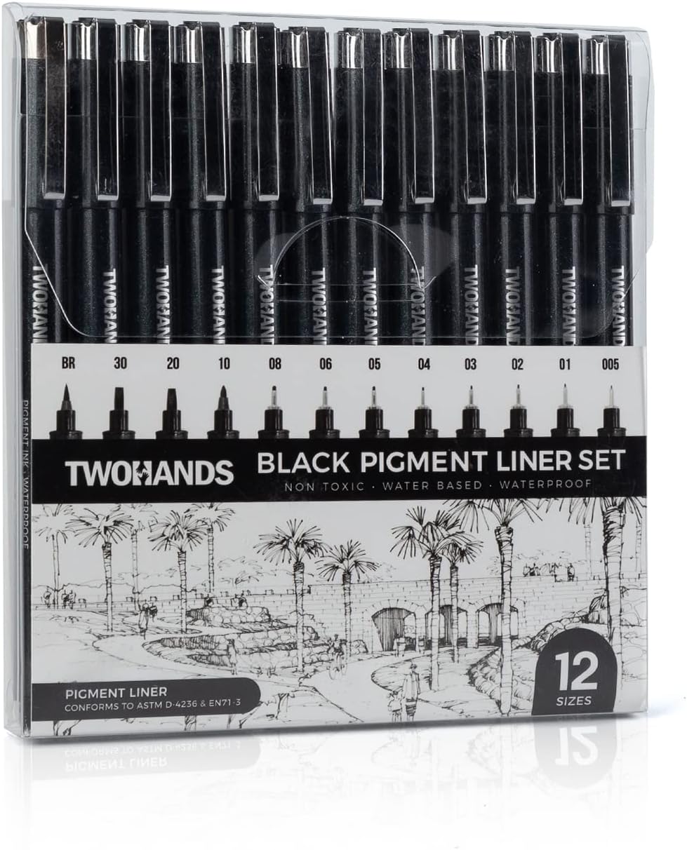 TWOHANDS 12 Pcs Drawing Pens, Fineliner, Black Tip Fine Pigment Liner, Markers, waterproof, pens for technical drawing illustrations sketches manga notes, 902188