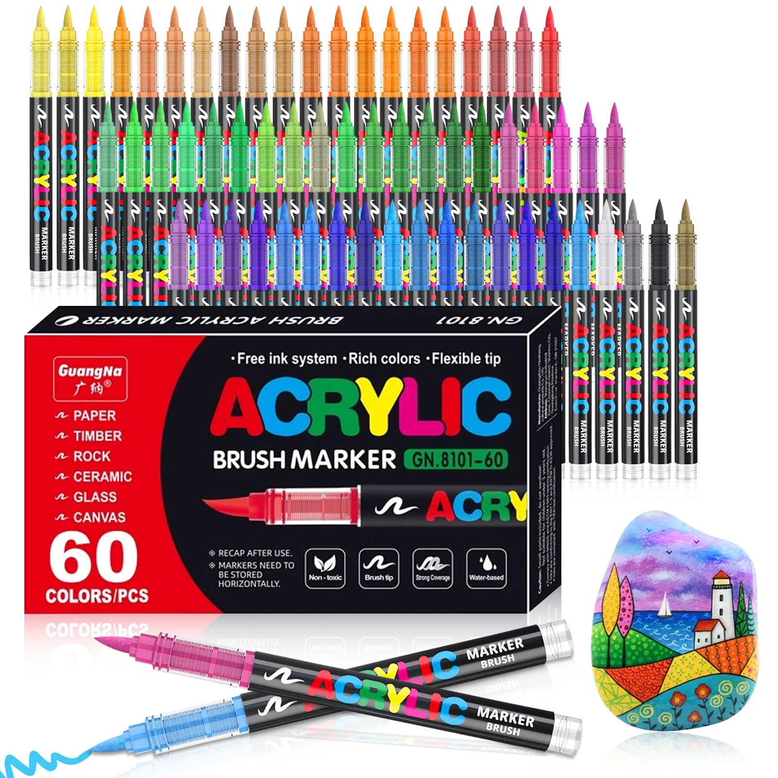 VAKKI Acrylic Markers, 60 Colors Acrylic Marker Brush pen for Painting Stones, Fabrics, Metal, Glass, Wood, Canvas, Ceramics, Plastic, markers for adult coloring (60)