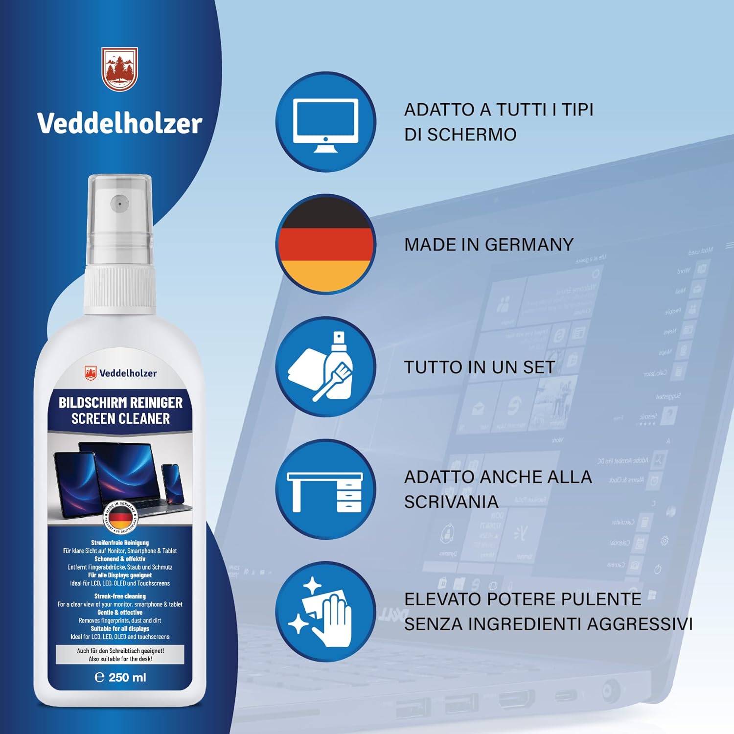 Veddelholzer 250ml Screen Cleaner Set, Display Cleaner with Microfiber Cloth and Keyboard Brush, for Laptop, Monitor, TV, Smartphone, Car Display, Strip-Free Cleaning