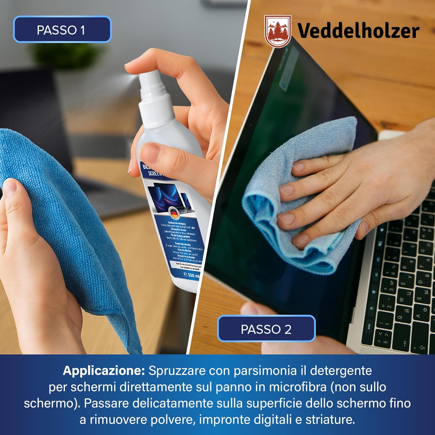 Veddelholzer 250ml Screen Cleaner Set, Display Cleaner with Microfiber Cloth and Keyboard Brush, for Laptop, Monitor, TV, Smartphone, Car Display, Strip-Free Cleaning