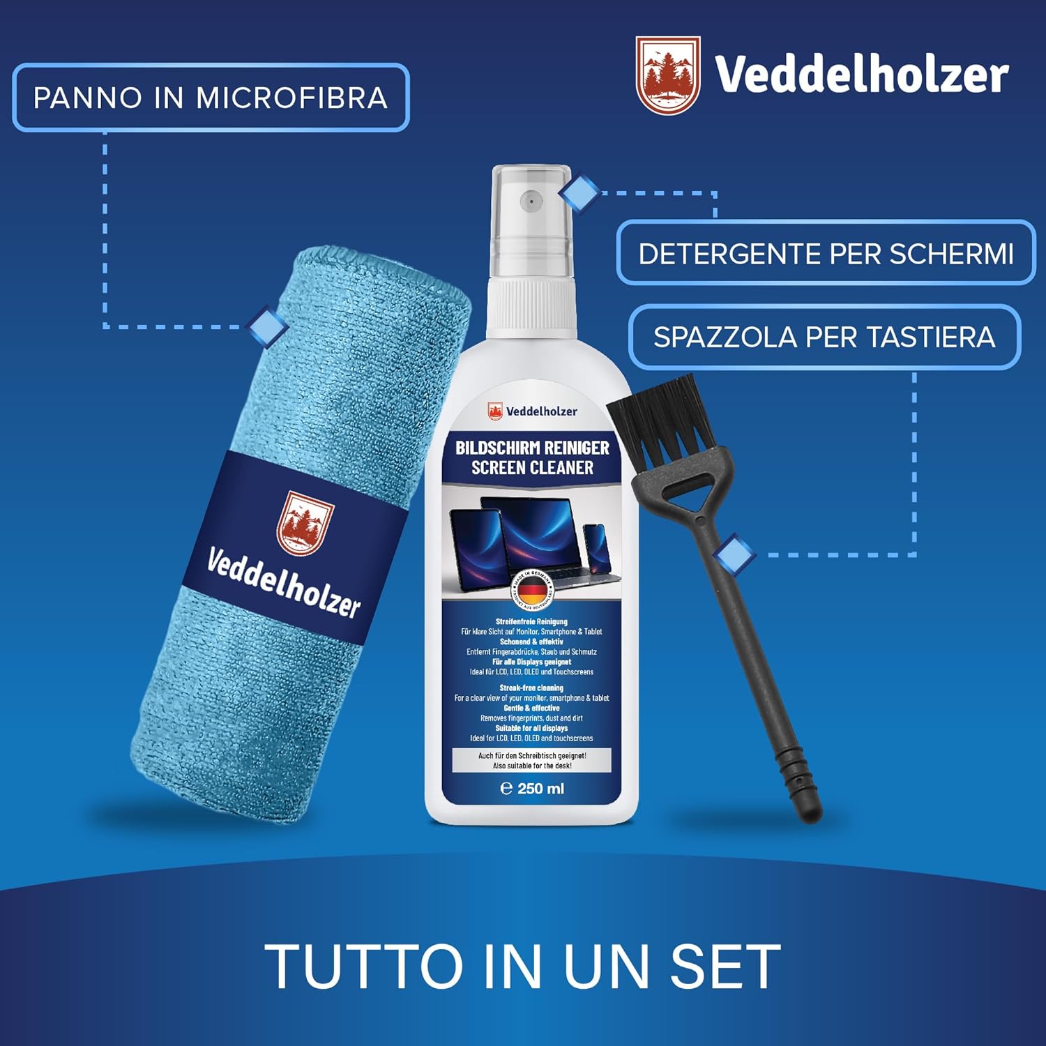 Veddelholzer 250ml Screen Cleaner Set, Display Cleaner with Microfiber Cloth and Keyboard Brush, for Laptop, Monitor, TV, Smartphone, Car Display, Strip-Free Cleaning