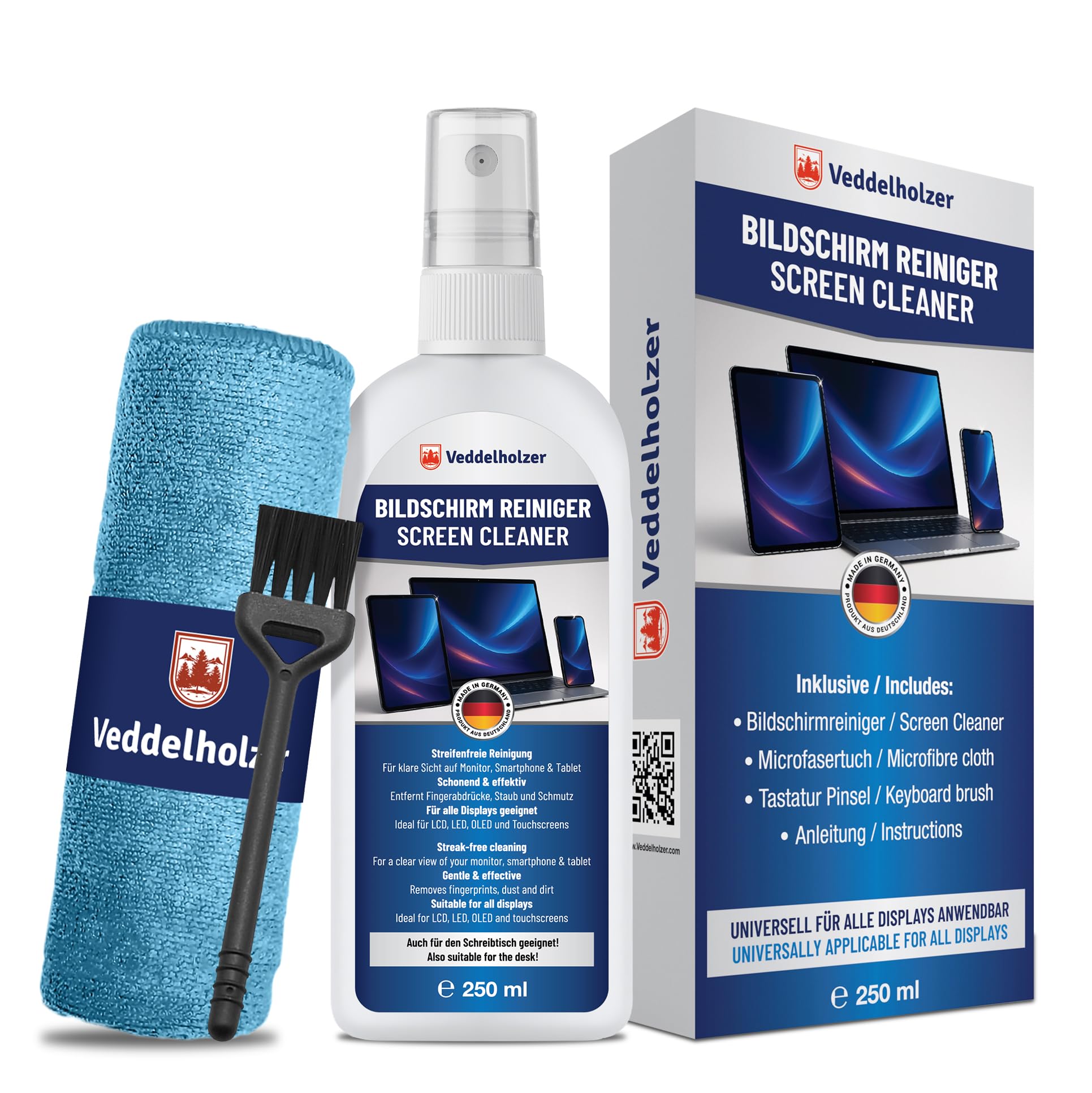 Veddelholzer 250ml Screen Cleaner Set, Display Cleaner with Microfiber Cloth and Keyboard Brush, for Laptop, Monitor, TV, Smartphone, Car Display, Strip-Free Cleaning