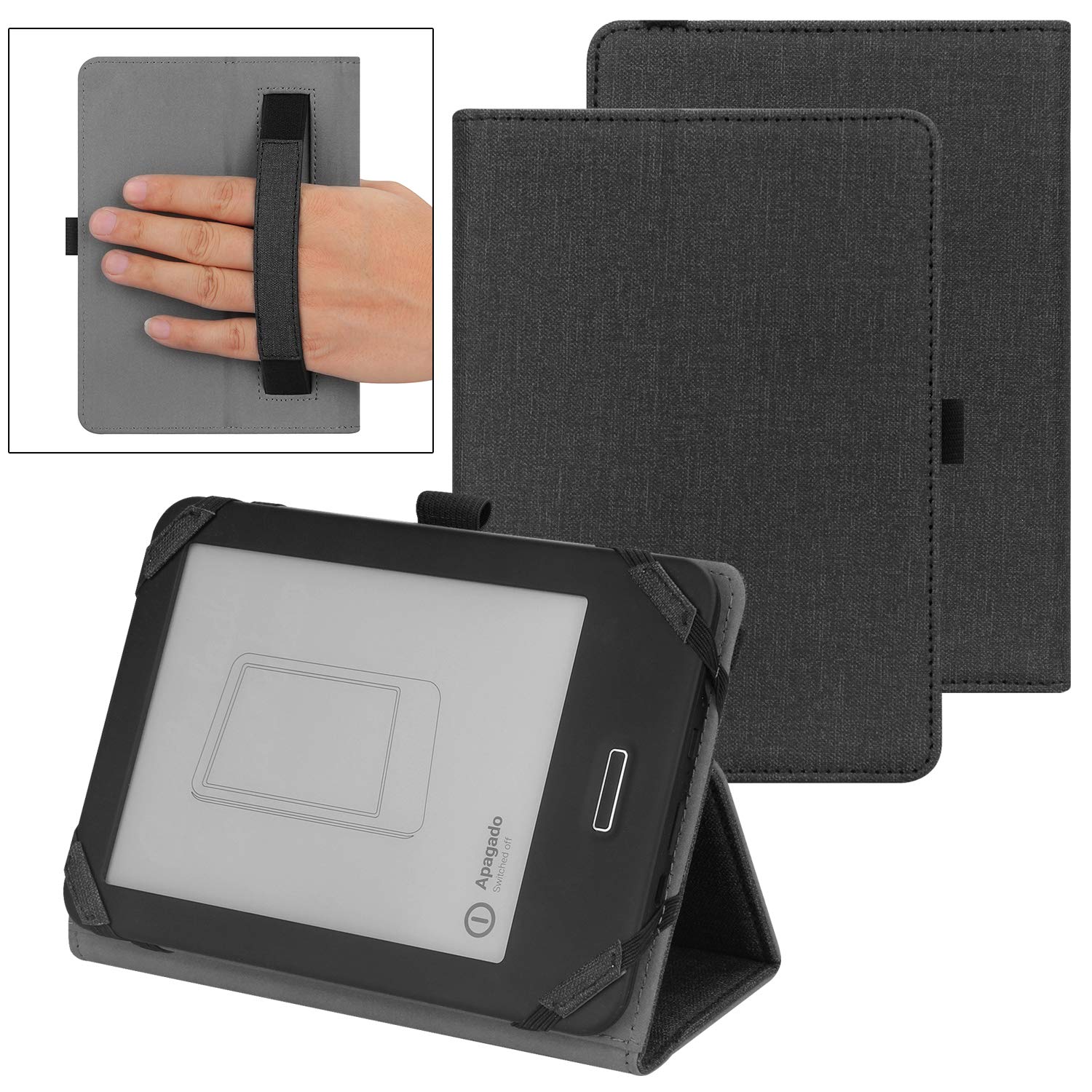 VOVIPO Universal Protective Case for Kindle Paperwhite Kobo e-Reader 6 inch, Folio Case with Hand Strap Compatible with Kobo/Kindle/Tolino/Pocketbook/Sony 6 inch-Black