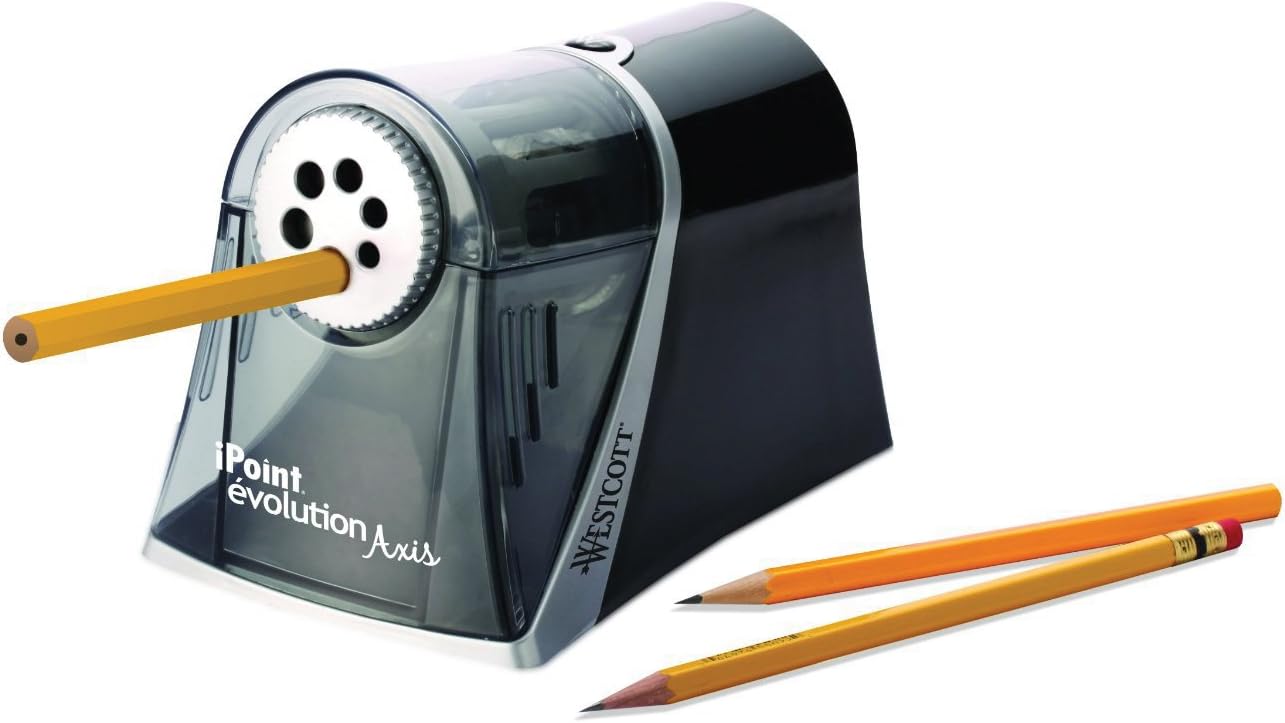 Westcott E-15509 00 iPoint Axis electric pencil sharpener with automatic tip stop, 6 different openings, grey/black
