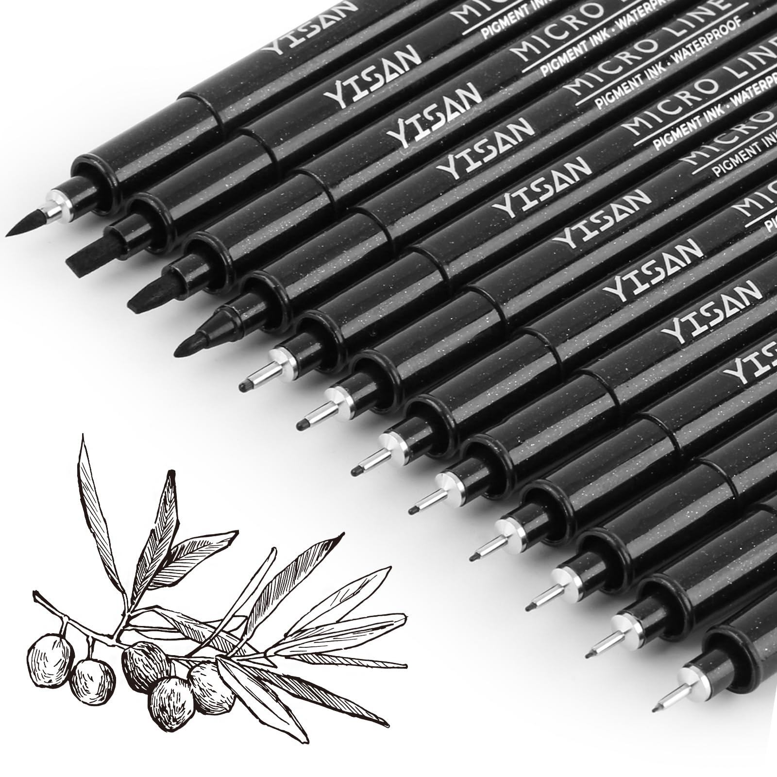 YISAN Calligraphy Pens for Lettering, Fineliner Pens, Pigment Liner, Fine Tip Markers, Black for Drawing, Ideal for Artists' Illustrations, Sketches and Technical Drawings, 902195 12 EU