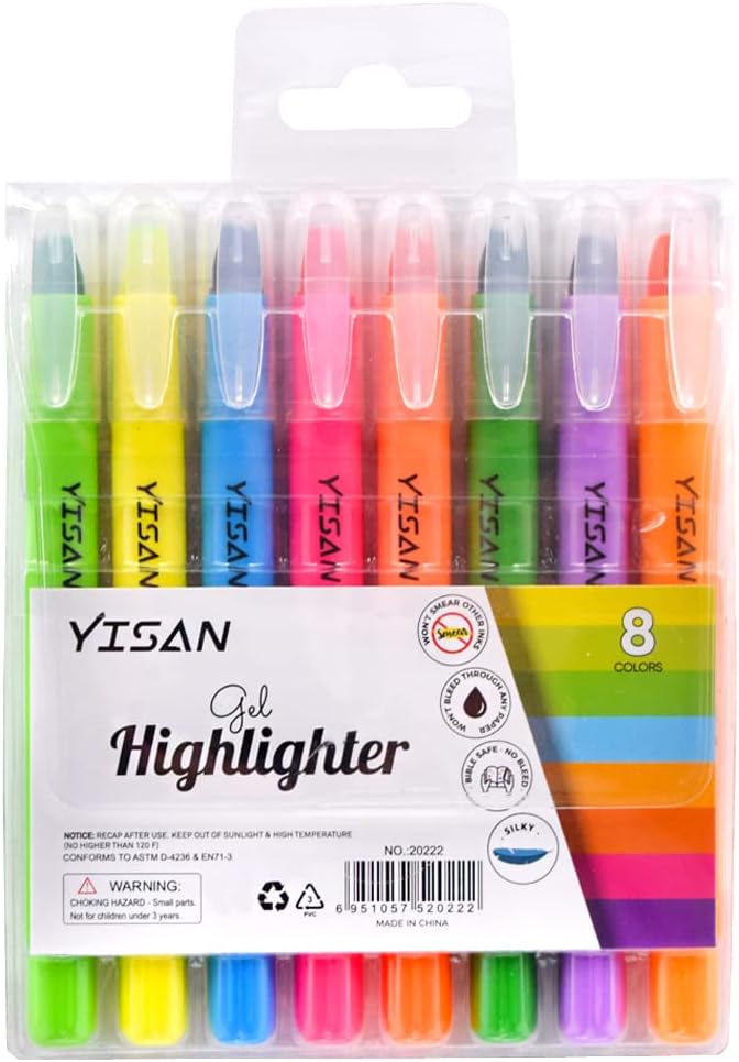 YISAN Gel Highlighter, Dry Highlighter for Bible in Solid Gel, Does Not Smudge, 8 Assorted Colors 20222 1 unit (Pack of 8)
